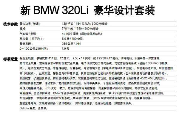 新BMW320Li 豪华设计套装配置表